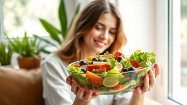 Young woman enjoys fresh colorful salad, depicting benefits of fiber.