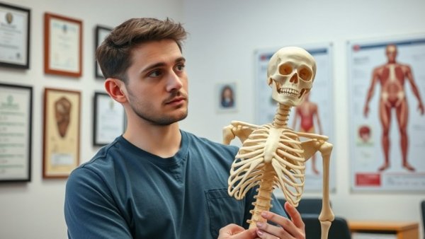 Young man discussing chronic pain management with a skeletal model in a medical office.