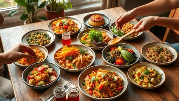 Rustic table with vibrant vegetarian dishes for weeknight dinner reset