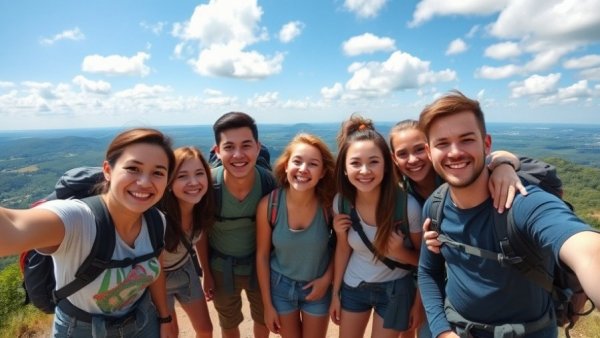 Group of hikers posing on a scenic hilltop, Day Hike Packing List.