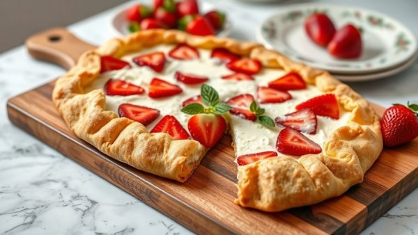 Rustic strawberry cream cheese galette on a wooden board.