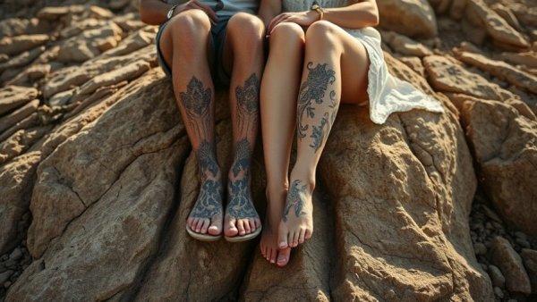Tattooed legs on rocks symbolize affordability of vein treatments.