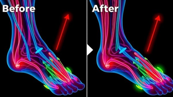 Leg circulation before and after illustration with vivid colors.