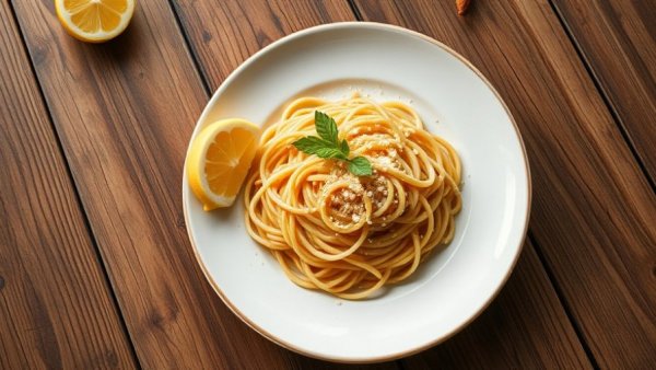 Simple pasta with under 10 ingredients on rustic table.