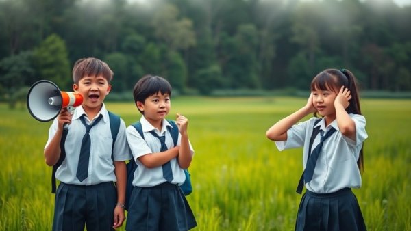 Students reacting to noise with a megaphone in a green field.