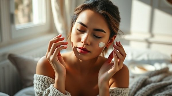Young woman applying esthetician-recommended skincare, cozy bedroom.