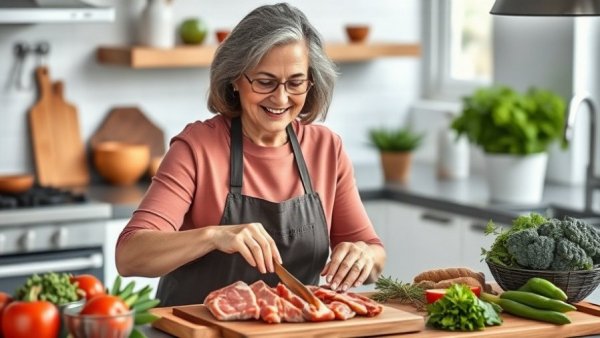 Midlife woman preparing protein-rich meal