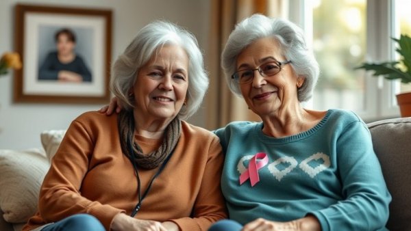 Two women supporting each other for 9/11-related breast cancer.