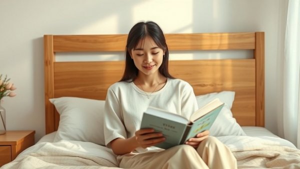 Morning habits of successful women: reading in a cozy bedroom.