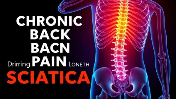 Illustration of human spine with text on overcoming chronic low back pain & sciatica.