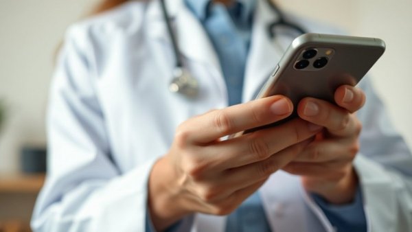 Doctor using HIPAA compliant chat apps on smartphone in a medical setting.