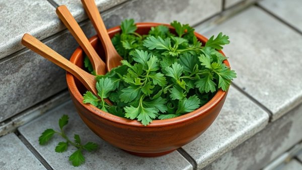 Whole Stalk Salad in a ceramic bowl with wooden utensils on stone steps.