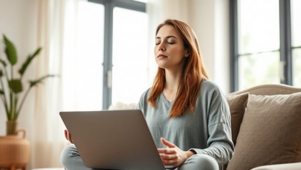 Female wellness coach meditating, building online presence
