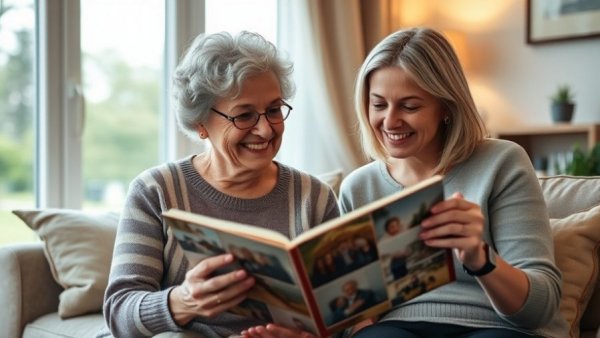 Elderly woman with young woman in cozy living room sharing memories.