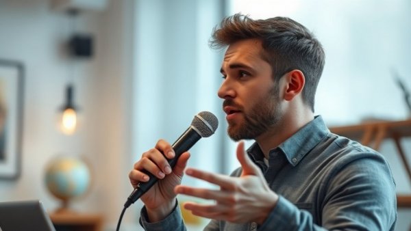Man discussing chronic pain on microphone in a detailed indoor setting.