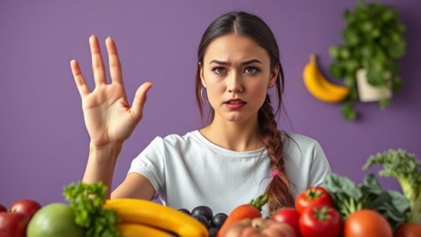 Young woman refusing pizza, surrounded by healthy foods.