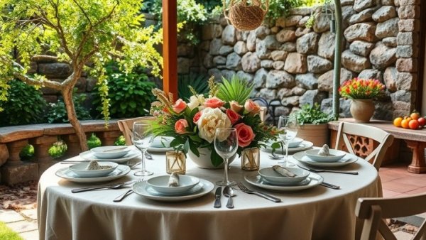 Elegant outdoor table for Mother's Day brunch, floral centerpiece.