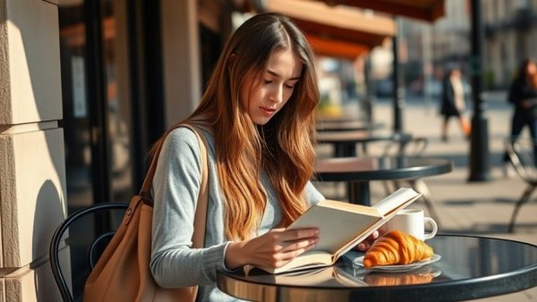 Woman enjoying reading at a cafe, emphasizing relaxation.