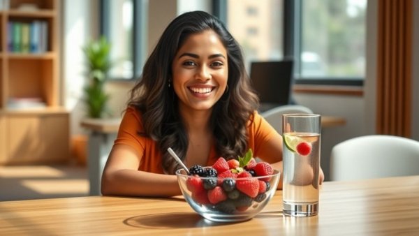 Healthy woman promoting preventative metabolic health in an office setting.