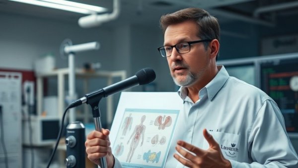 Knowledgeable man explaining a medical illustration.