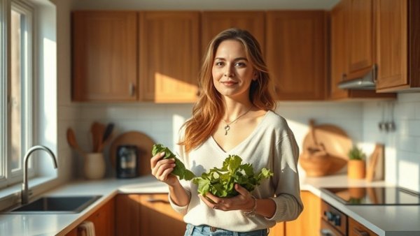 Woman in minimalist kitchen with salad, promoting balanced blood sugar.