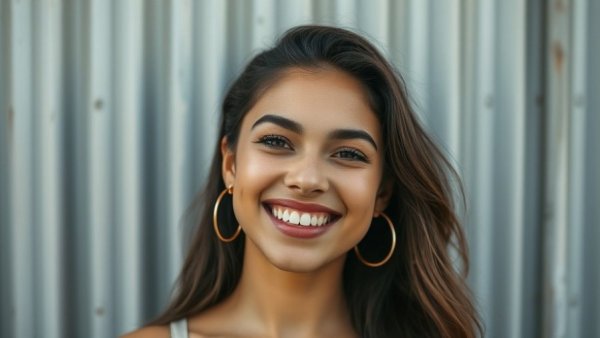 Happy young woman smiling warmly against metal background, highlighting smile longevity in Singapore.