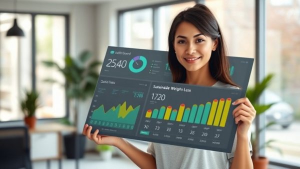 Woman in modern office with health dashboard on tablet for sustainable weight loss