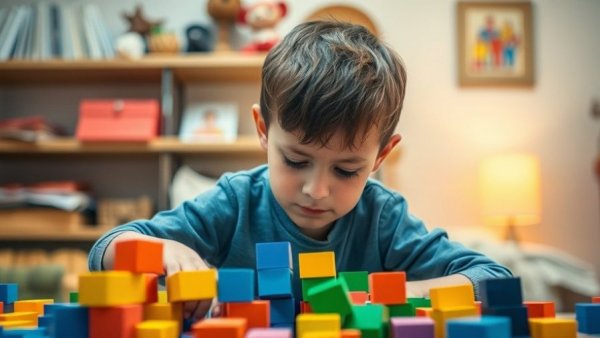 Young man playing blocks in vibrant room, symbolizing focus on what causes back pain flare-ups.