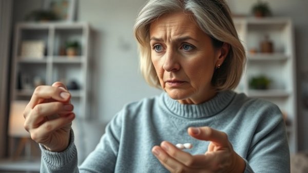 Concerned woman analyzing thyroid medications in a home setting.