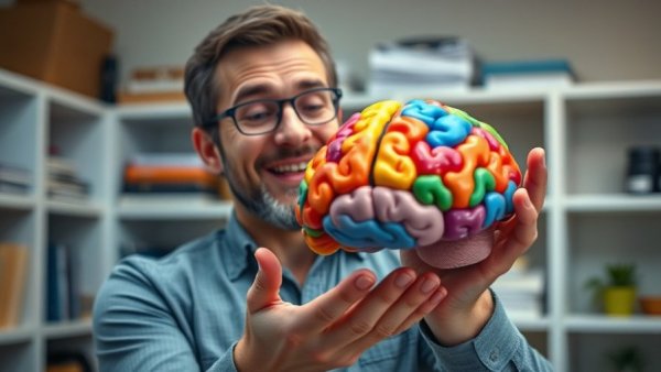 Man teaching chronic pain management with brain model.