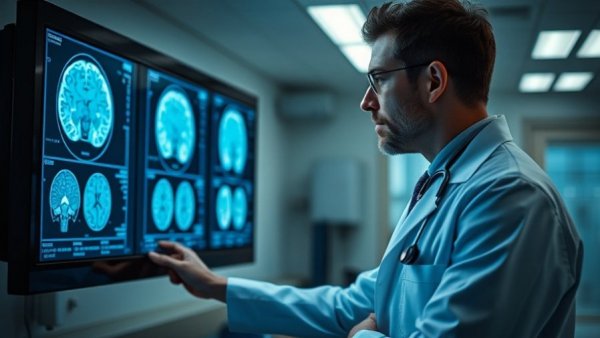 Healthcare professional analyzing brain scans in a modern hospital.
