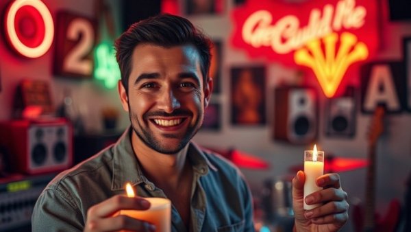 Smiling man discusses chronic pain hypersensitivity with a candle in a colorful room.