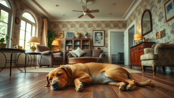 Elegant California living room with dog, sustainable design.