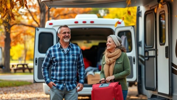 Couple unloading gear at RV park for mental health relaxation.