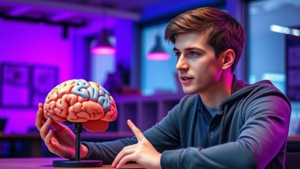 Young man discussing mental health impact with brain model, vibrant setting.