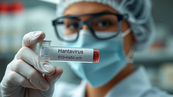 Gloved hand holding Hantavirus test tube in US monitoring context.