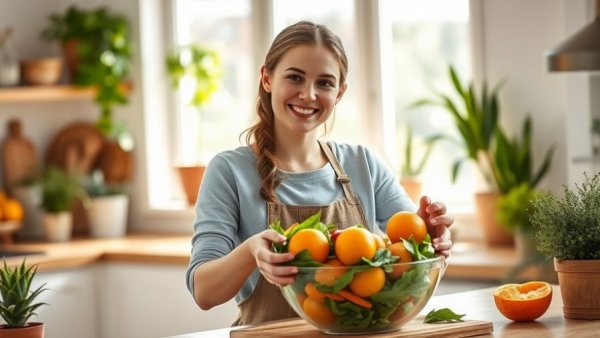 Young woman preparing fresh salad in a bright kitchen.