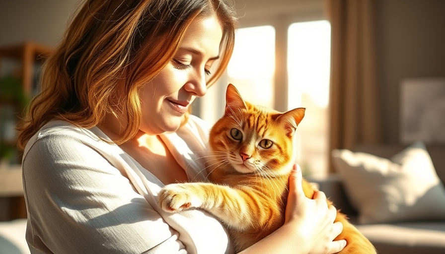 Woman providing cat hospice care, comforting an orange tabby in warm sunlight.