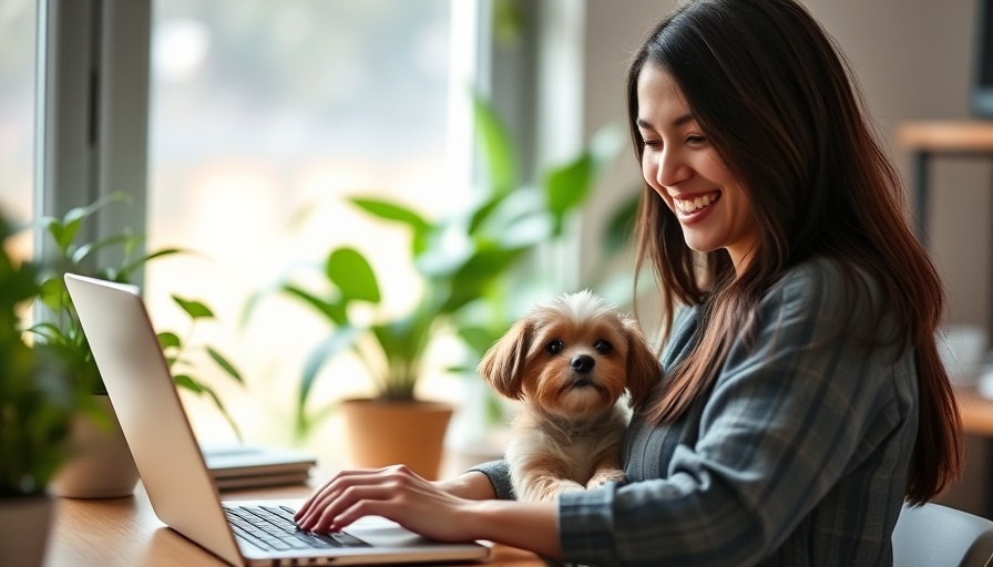 Woman launching eco-friendly pet care business at home with dog
