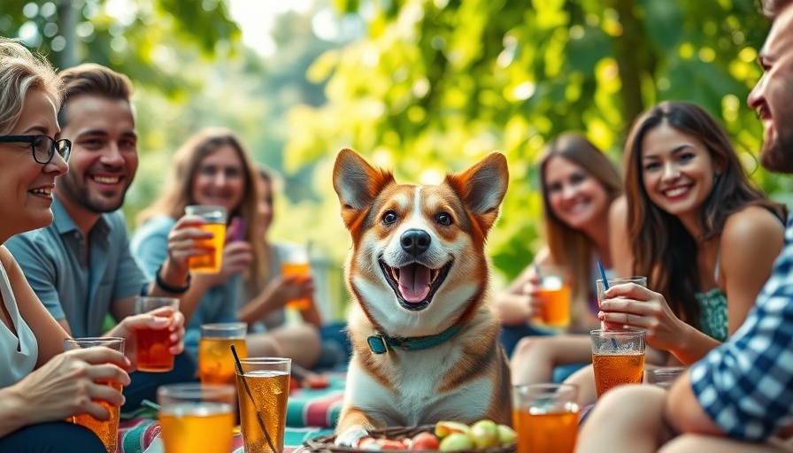 Friendly dog at a garden picnic surrounded by people and drinks.