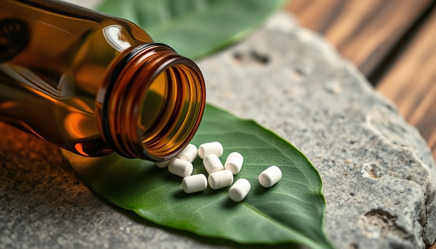Homeopathy for Pets: Amber bottle and white pills on a green leaf.