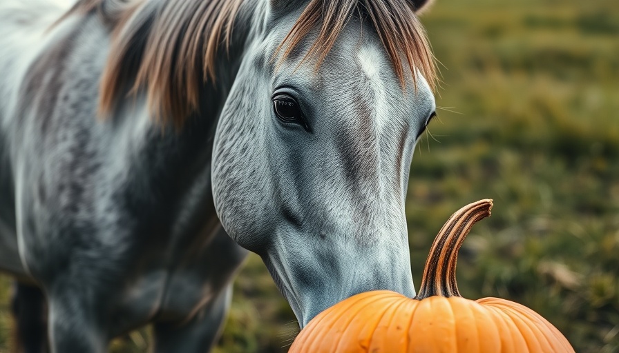 Curious horse sniffs pumpkin in grassy field. Can horses eat pumpkin?