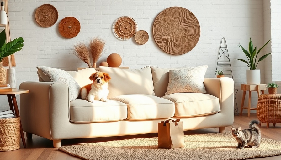 Chic living room with a dog and a cat, cozy ambiance.