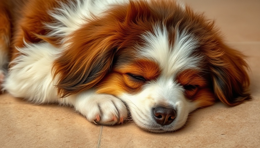 Sleeping fluffy dog on light-tan tiled floor, illustrating pet rest and comfort.