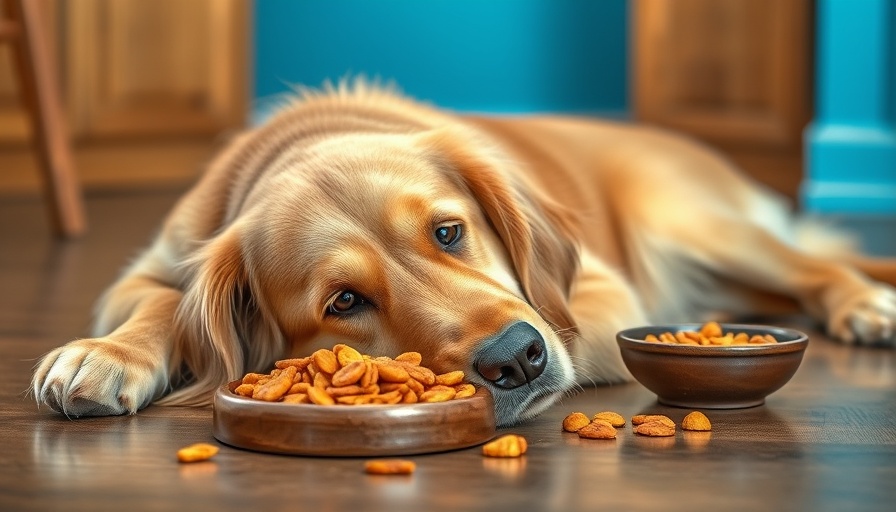 Golden retriever with food bowl, promoting homemade dog food for large dogs.