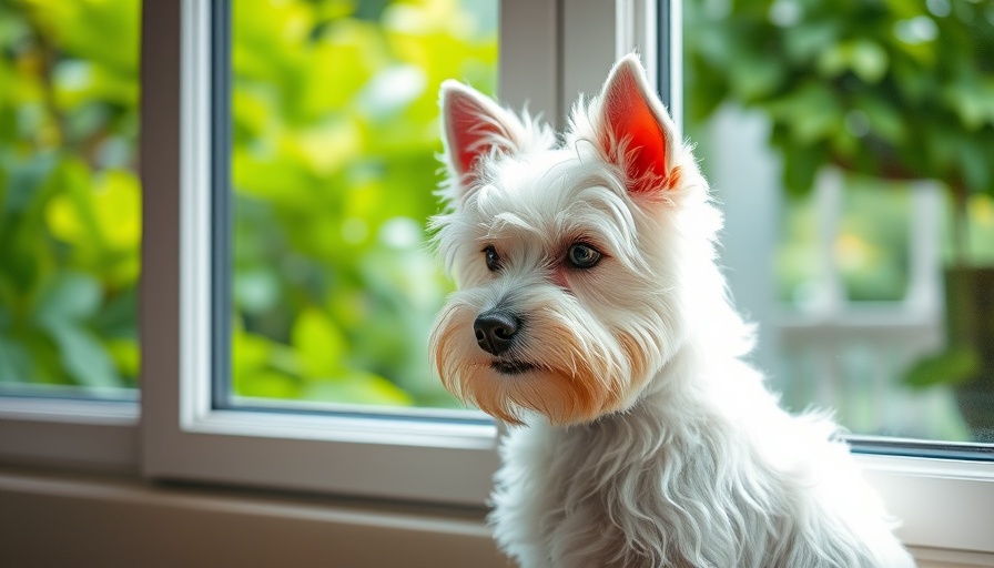 Fluffy white terrier sitting calmly by a window with greenery outside.