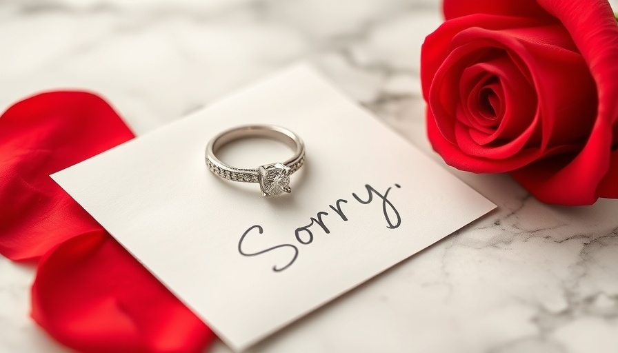 Symbolic photo of apology with red rose, ring, and note