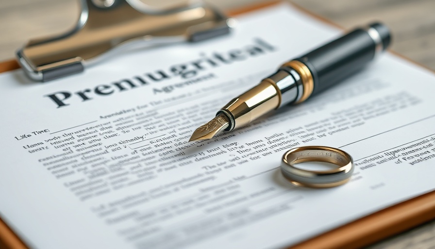 Close-up of a premarital agreement with pen and ring.