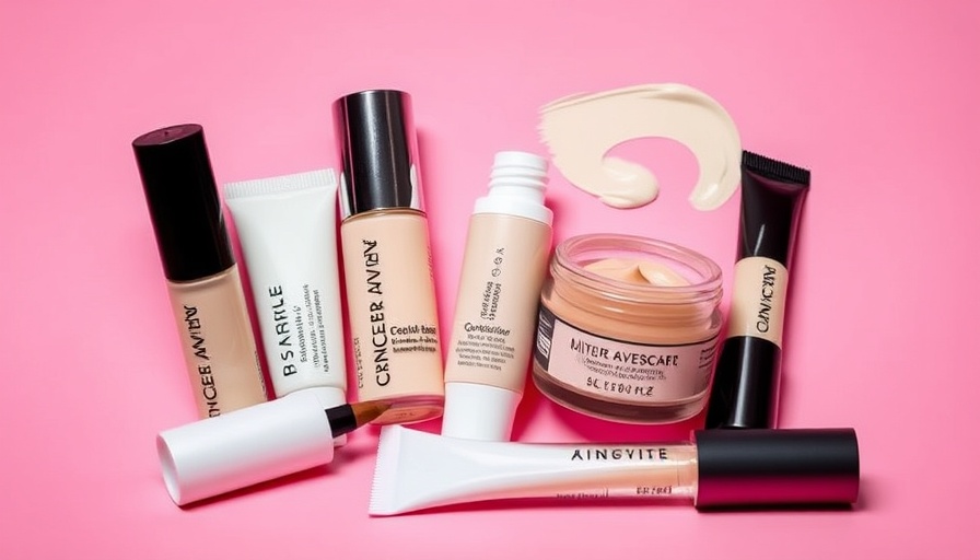 Assorted concealers ideal for blepharoplasty recovery on pink backdrop.
