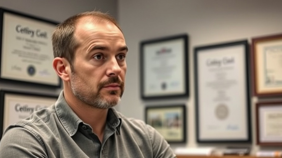 Man discusses scar gel after hair transplant healing indoors.